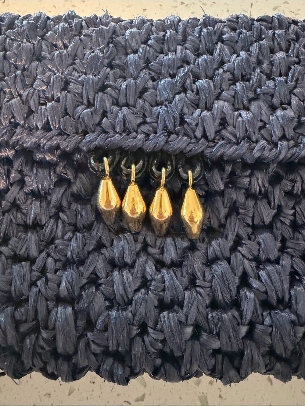 Handwoven Navy Raffia Clutch with Gold Teardrop Charms